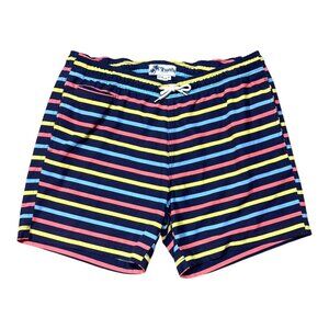 Trunks Surf & Swim Co. Mens Striped Swim Trunks L Navy Blue Mesh Liner Shorts